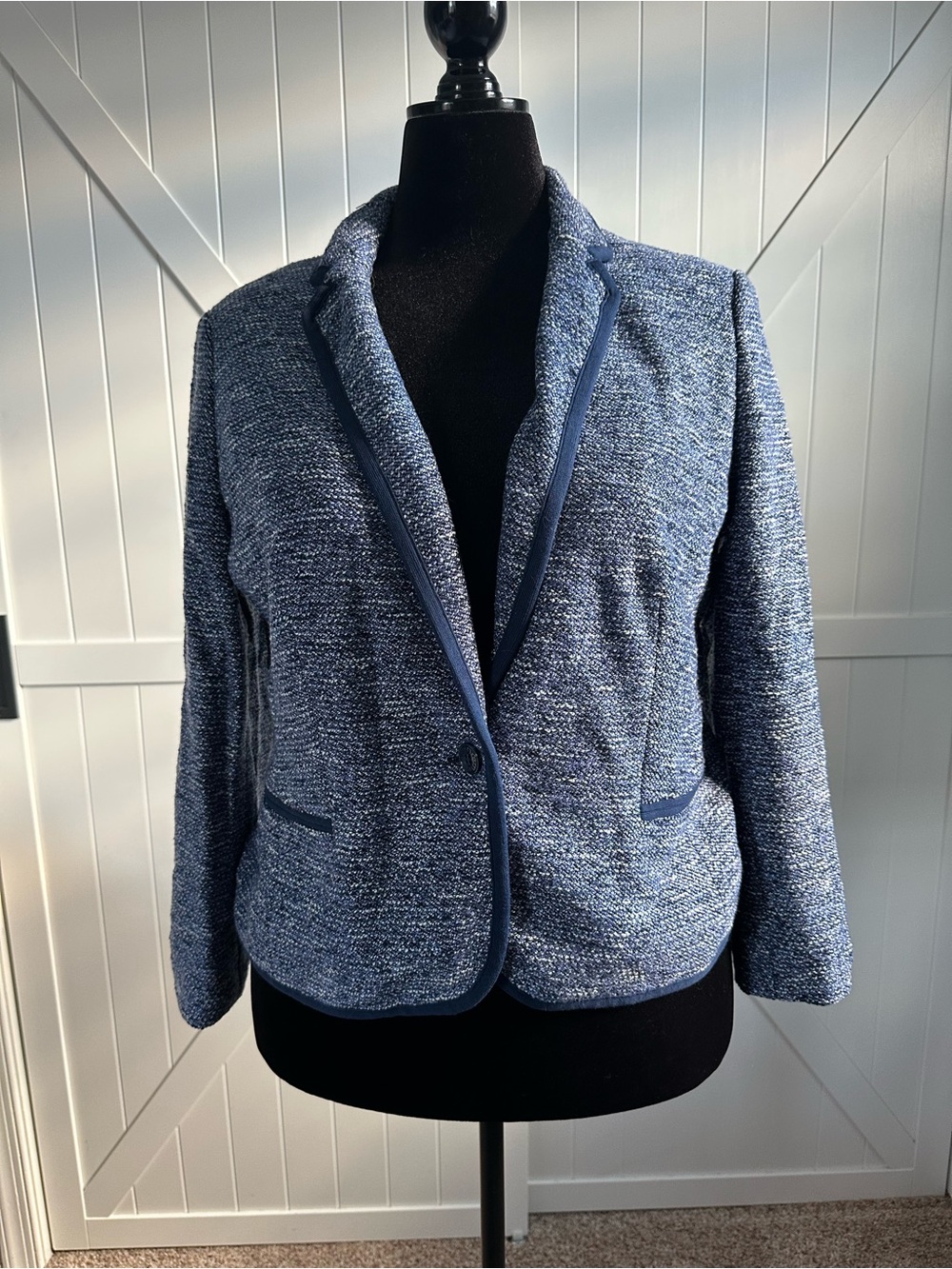 Talbots Petite 16P Blue Tweed One Button Blazer Jacket Cotton Blend